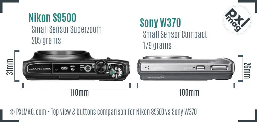 Nikon S9500 vs Sony W370 top view buttons comparison Nikon S9500 vs Sony W370 top view buttons comparison