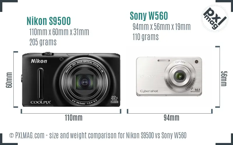 Nikon S9500 vs Sony W560 size comparison