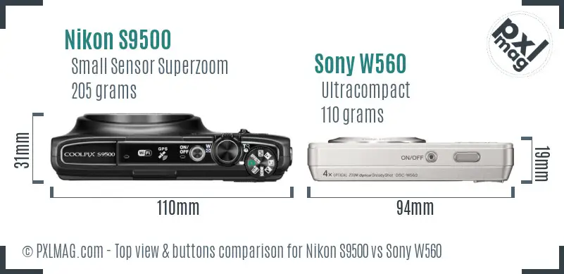 Nikon S9500 vs Sony W560 top view buttons comparison