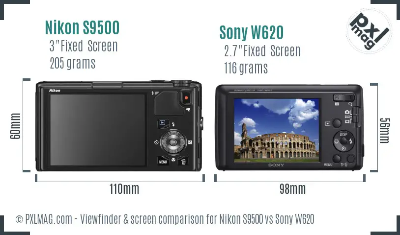 Nikon S9500 vs Sony W620 Screen and Viewfinder comparison