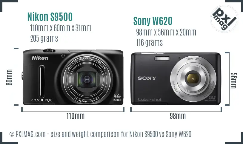 Nikon S9500 vs Sony W620 size comparison