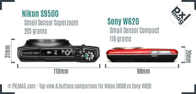 Nikon S9500 vs Sony W620 top view buttons comparison