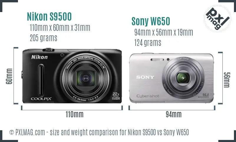 Nikon S9500 vs Sony W650 size comparison