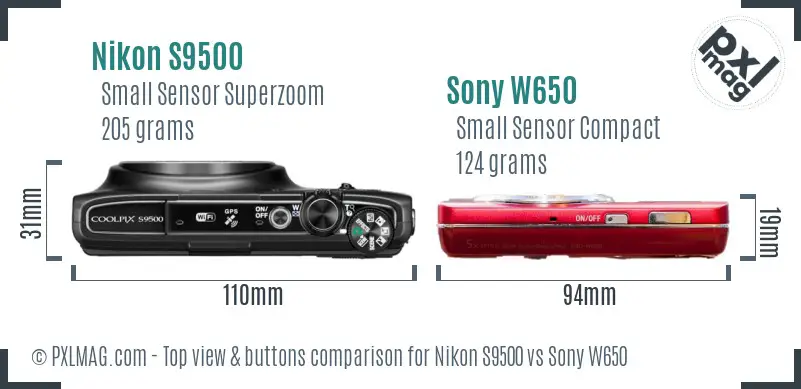 Nikon S9500 vs Sony W650 top view buttons comparison
