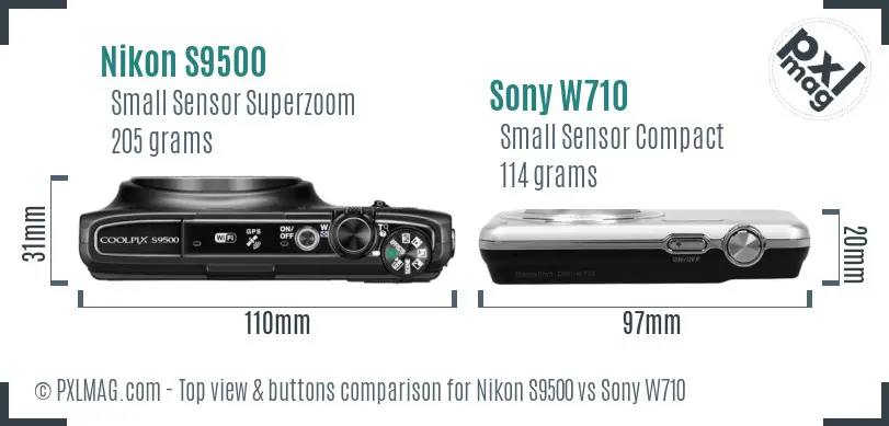 Nikon S9500 vs Sony W710 top view buttons comparison