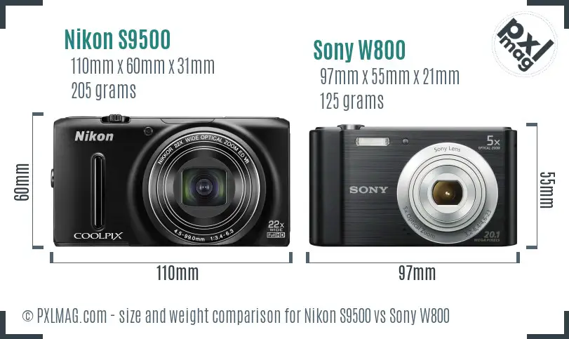 Nikon S9500 vs Sony W800 size comparison