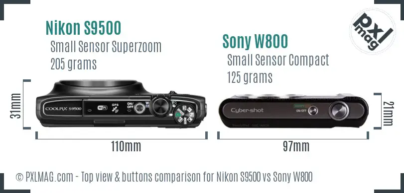 Nikon S9500 vs Sony W800 top view buttons comparison