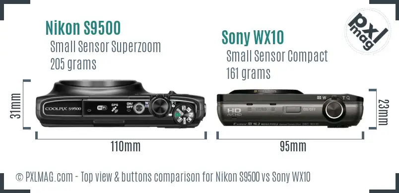 Nikon S9500 vs Sony WX10 top view buttons comparison