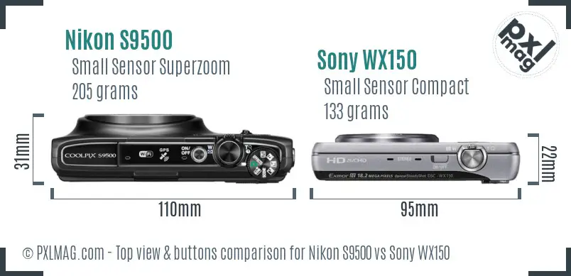 Nikon S9500 vs Sony WX150 top view buttons comparison Nikon S9500 vs Sony WX150 top view buttons comparison