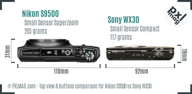 Nikon S9500 vs Sony WX30 top view buttons comparison