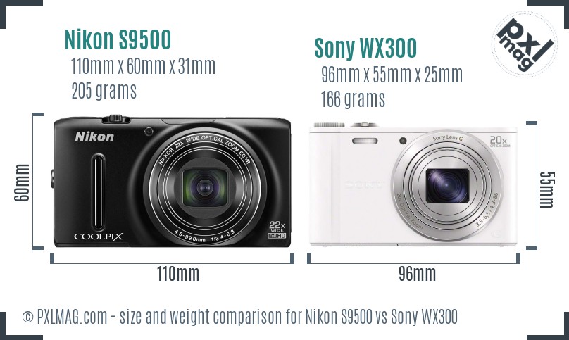 Nikon S9500 vs Sony WX300 size comparison