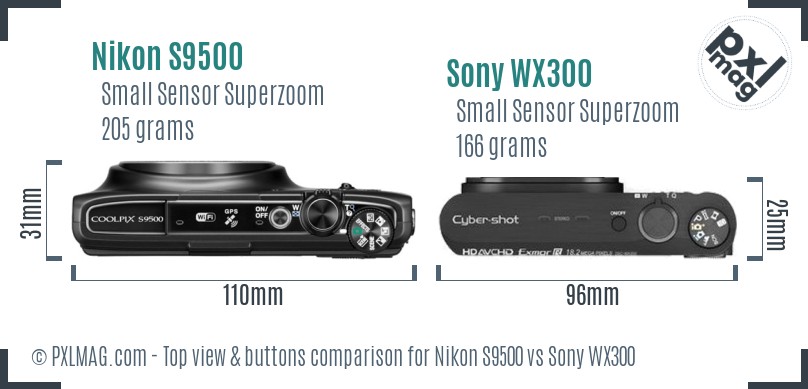 Nikon S9500 vs Sony WX300 top view buttons comparison