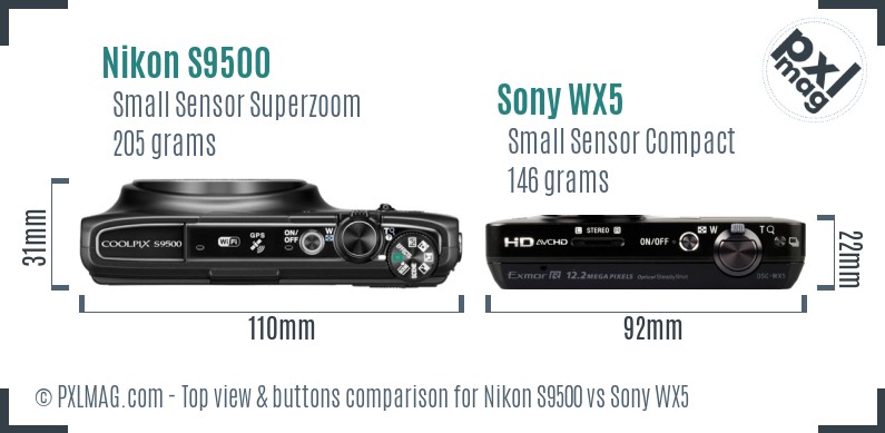 Nikon S9500 vs Sony WX5 top view buttons comparison