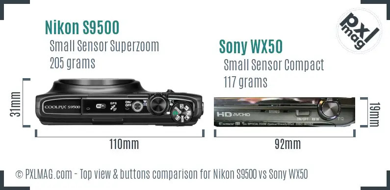 Nikon S9500 vs Sony WX50 top view buttons comparison
