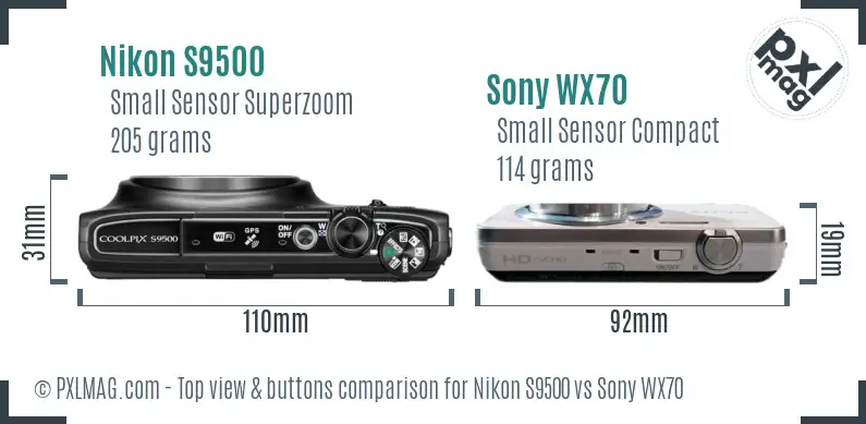Nikon S9500 vs Sony WX70 top view buttons comparison Nikon S9500 vs Sony WX70 top view buttons comparison