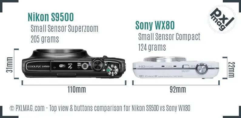 Nikon S9500 vs Sony WX80 top view buttons comparison