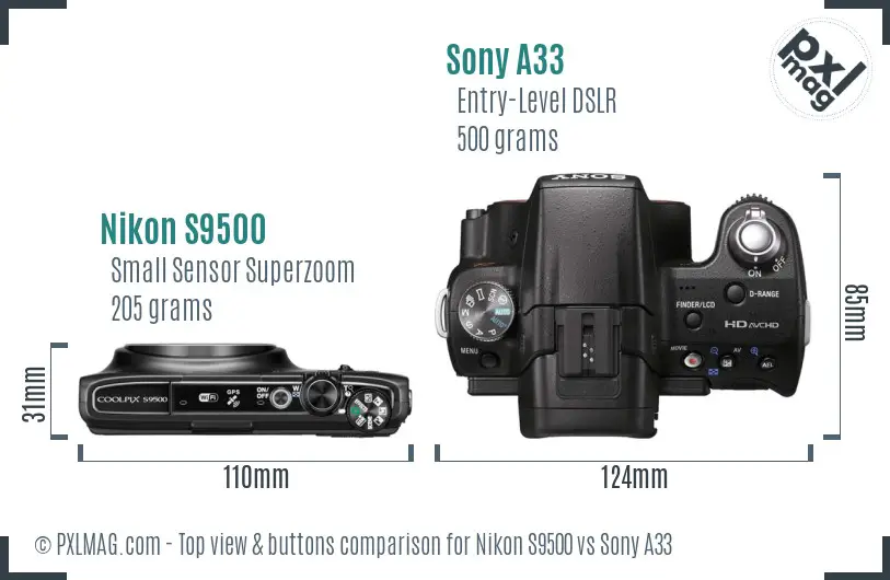 Nikon S9500 vs Sony A33 top view buttons comparison