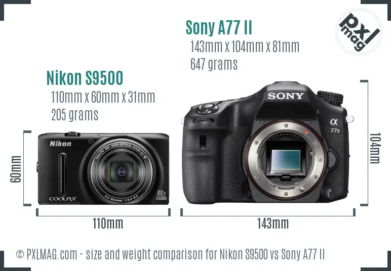 Nikon S9500 vs Sony A77 II size comparison