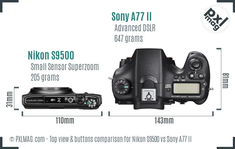Nikon S9500 vs Sony A77 II top view buttons comparison