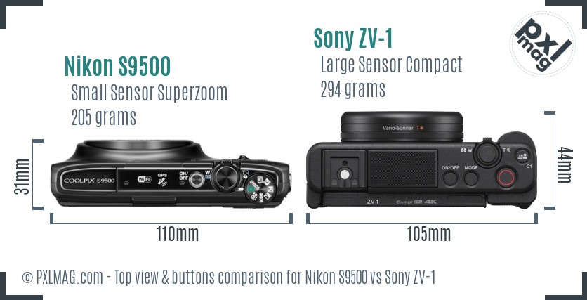 Nikon S9500 vs Sony ZV-1 top view buttons comparison
