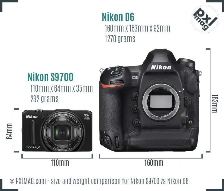 Nikon S9700 vs Nikon D6 size comparison