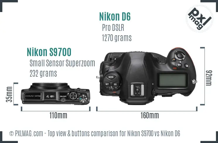 Nikon S9700 vs Nikon D6 top view buttons comparison