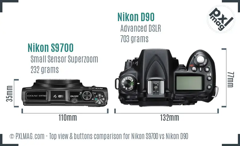 Nikon S9700 vs Nikon D90 top view buttons comparison