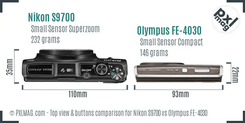 Nikon S9700 vs Olympus FE-4030 top view buttons comparison Nikon S9700 vs Olympus FE-4030 top view buttons comparison