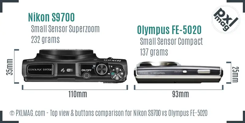 Nikon S9700 vs Olympus FE-5020 top view buttons comparison Nikon S9700 vs Olympus FE-5020 top view buttons comparison