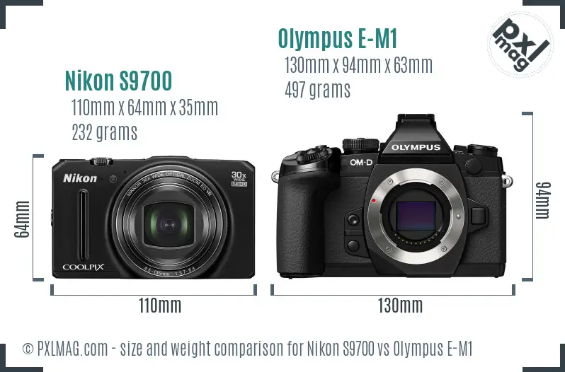 Nikon S9700 vs Olympus E-M1 size comparison