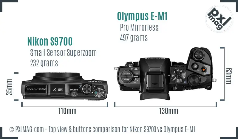 Nikon S9700 vs Olympus E-M1 top view buttons comparison