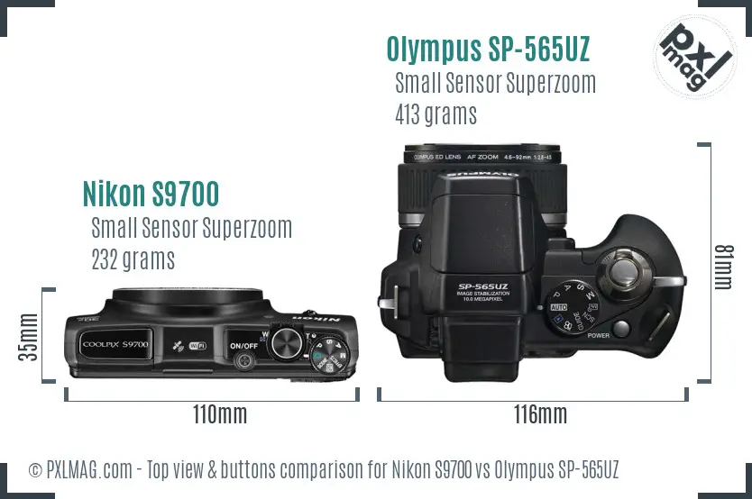 Nikon S9700 vs Olympus SP-565UZ top view buttons comparison