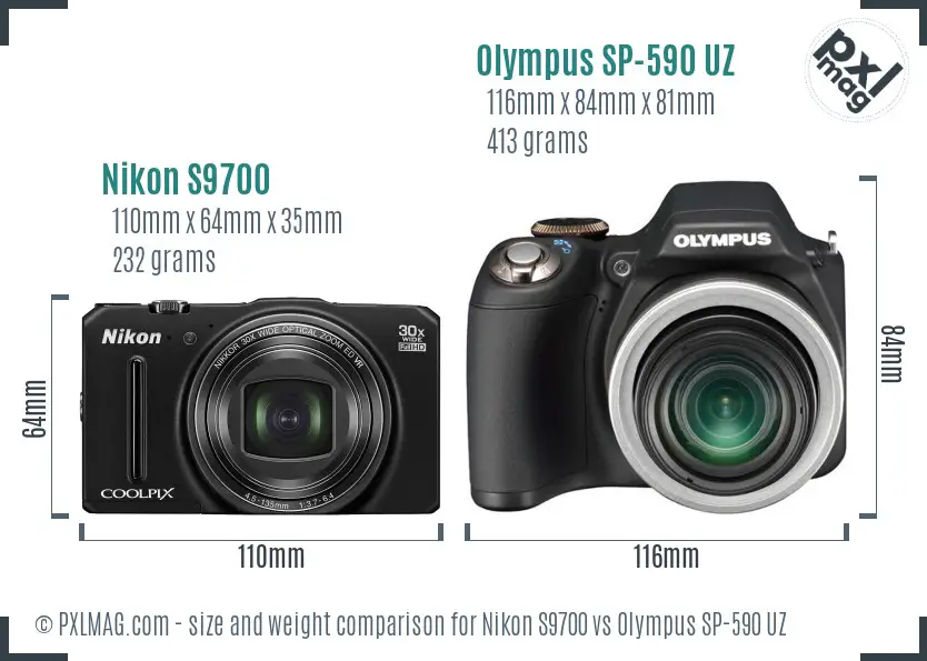 Nikon S9700 vs Olympus SP-590 UZ size comparison Nikon S9700 vs Olympus SP-590 UZ size comparison