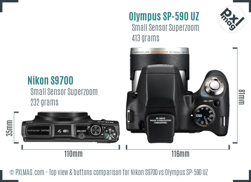 Nikon S9700 vs Olympus SP-590 UZ top view buttons comparison Nikon S9700 vs Olympus SP-590 UZ top view buttons comparison
