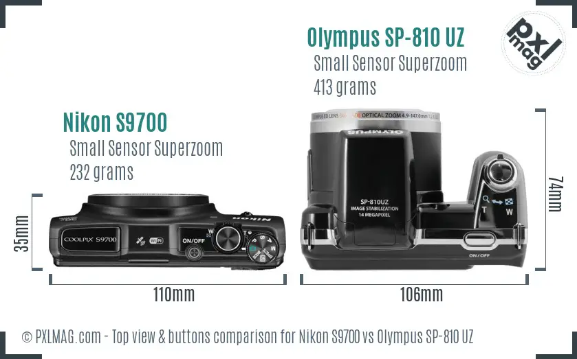Nikon S9700 vs Olympus SP-810 UZ top view buttons comparison Nikon S9700 vs Olympus SP-810 UZ top view buttons comparison
