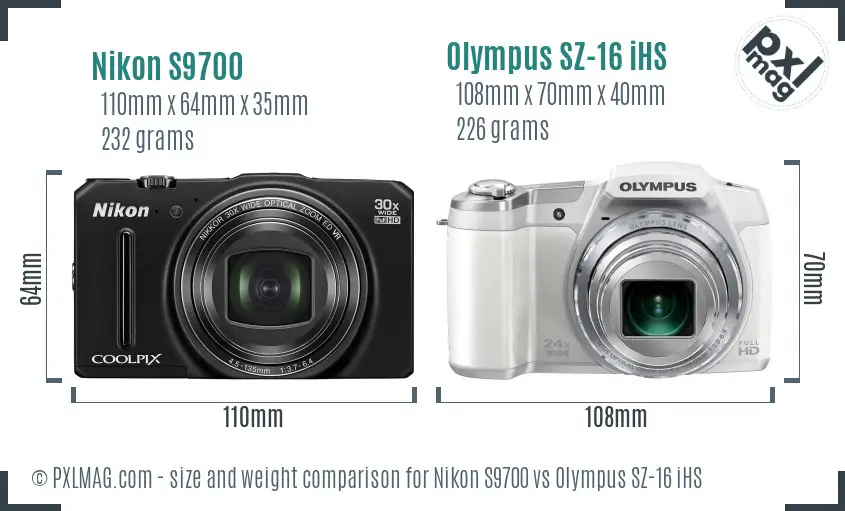 Nikon S9700 vs Olympus SZ-16 iHS size comparison