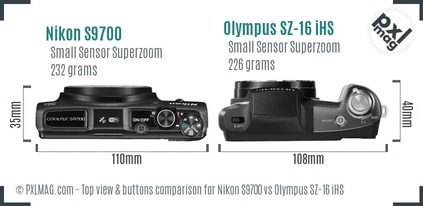 Nikon S9700 vs Olympus SZ-16 iHS top view buttons comparison