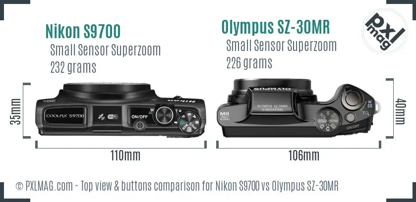 Nikon S9700 vs Olympus SZ-30MR top view buttons comparison Nikon S9700 vs Olympus SZ-30MR top view buttons comparison