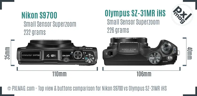 Nikon S9700 vs Olympus SZ-31MR iHS top view buttons comparison Nikon S9700 vs Olympus SZ-31MR iHS top view buttons comparison