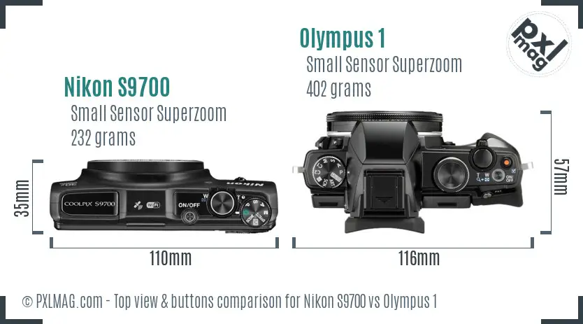 Nikon S9700 vs Olympus 1 top view buttons comparison