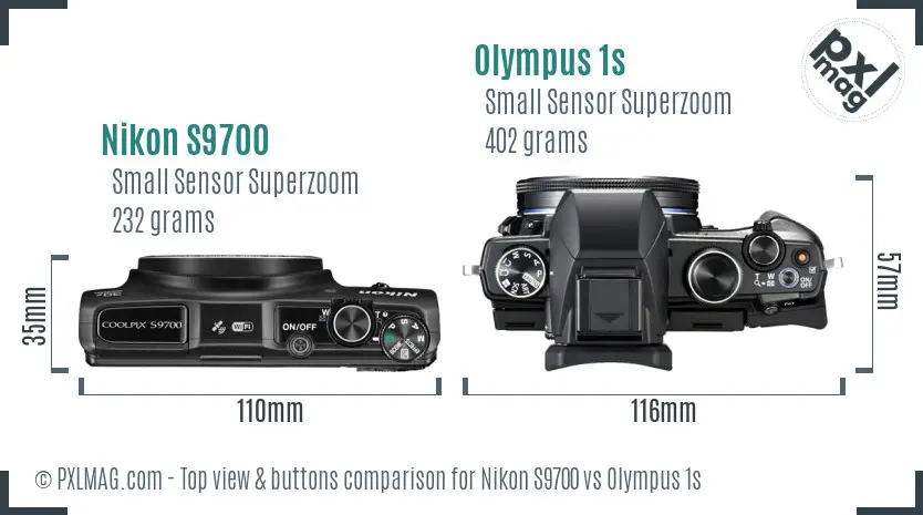 Nikon S9700 vs Olympus 1s top view buttons comparison