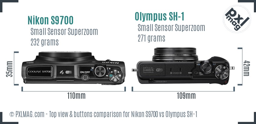 Nikon S9700 vs Olympus SH-1 top view buttons comparison
