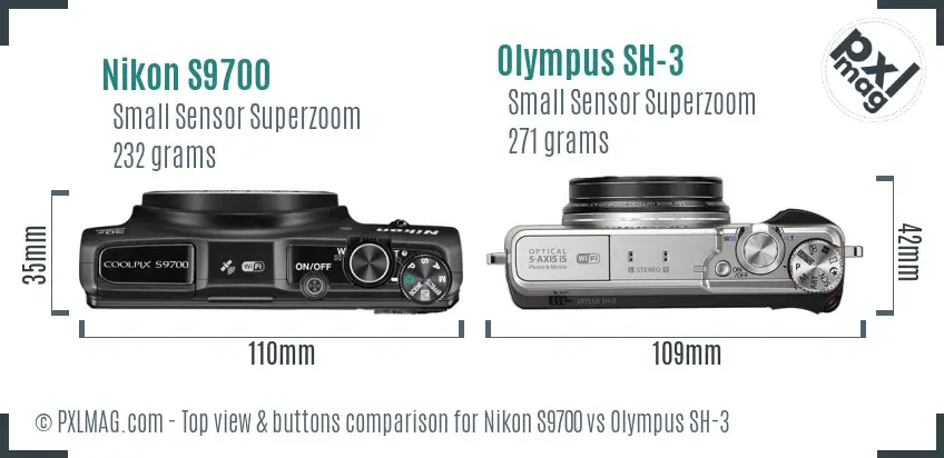 Nikon S9700 vs Olympus SH-3 top view buttons comparison