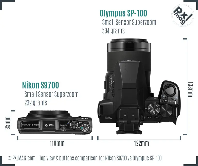 Nikon S9700 vs Olympus SP-100 top view buttons comparison