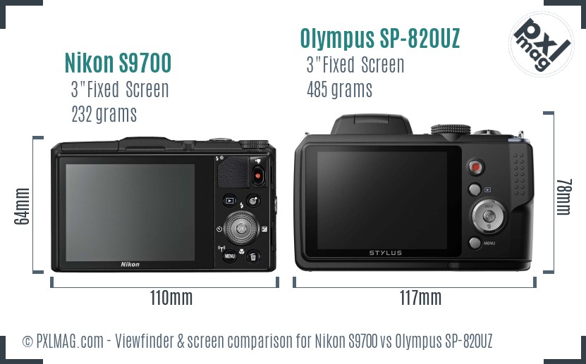 Nikon S9700 vs Olympus SP-820UZ Screen and Viewfinder comparison