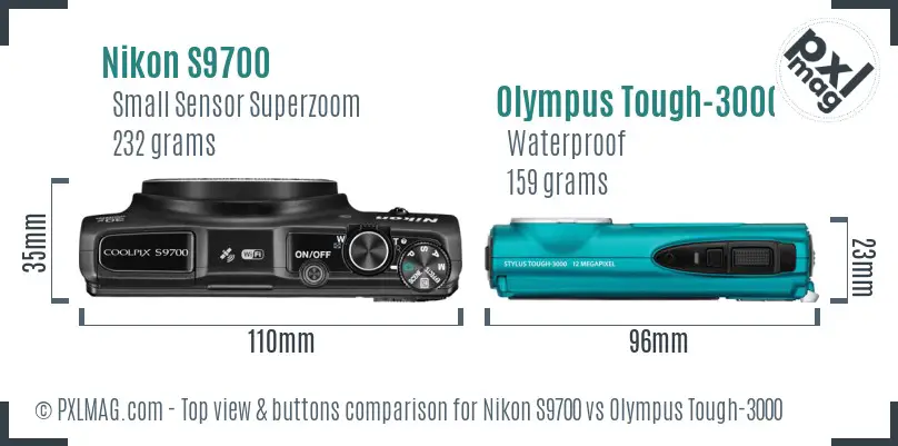 Nikon S9700 vs Olympus Tough-3000 top view buttons comparison Nikon S9700 vs Olympus Tough-3000 top view buttons comparison