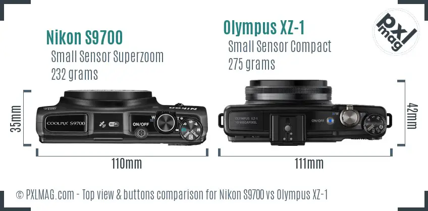Nikon S9700 vs Olympus XZ-1 top view buttons comparison Nikon S9700 vs Olympus XZ-1 top view buttons comparison