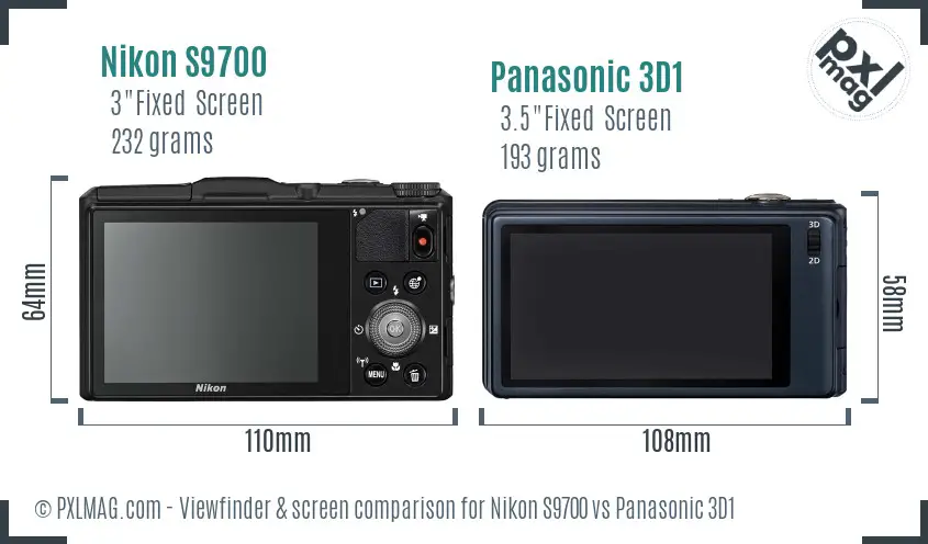 Nikon S9700 vs Panasonic 3D1 Screen and Viewfinder comparison