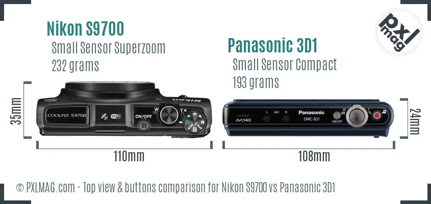 Nikon S9700 vs Panasonic 3D1 top view buttons comparison