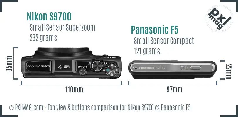 Nikon S9700 vs Panasonic F5 top view buttons comparison